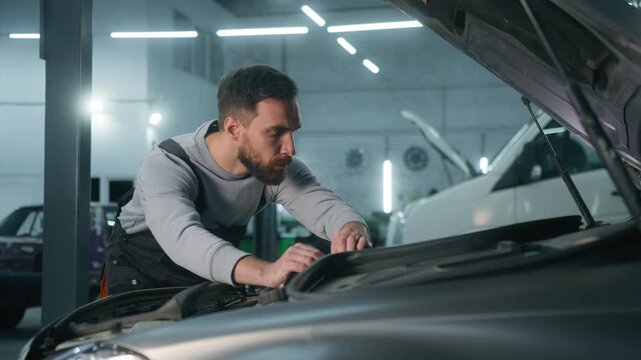 Attentive Caucasian man mechanic inspecting engine under open car hood male guy auto technician diagnosing vehicle repair specialist checking motor maintenance service inding inspection inside garage