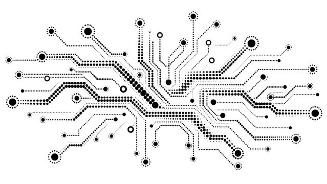 Abstract technology circuit board line design, black futuristic microchip electronic path graphic, high tech data connection node pattern