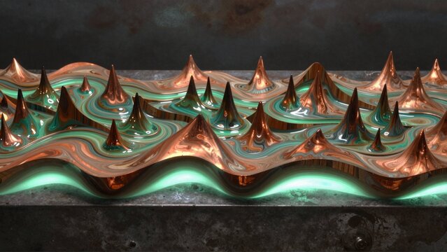 close metallic surface wave like pattern surface appears shiny metallic material possibly copper bronze has metallic sheen wave pattern multiple spikes spikes arranged way creates sense depth