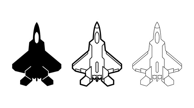 Three fighter jet silhouettes isolated on transparent background in flat vector style