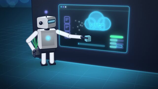Blue humanoid robot with cloud backup centered view assembling