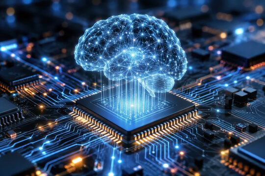 Neural network brain hologram rising from microprocessor on circuit board representing artificial intelligence machine learning advanced computing innovation for tech concept