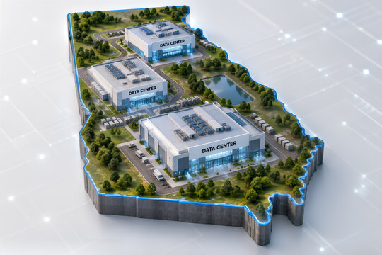 Georgia state map diorama with isometric data center campus on development plinth illustrating data center infrastructure land use regulation and state legislation