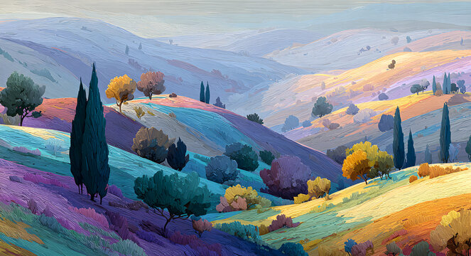 Vibrant abstract landscape with rolling hills, stylized trees, and a soft gradient sky, evoking a sense of nature and fantasy