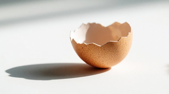 Broken brown eggshell sits on white surface. Half egg shell with speckles casts long shadow. Minimalist macro shot of empty organic eggshell. Natural calcium source concept for food biology design.
