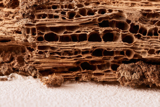Termite damage in wooden beam reveals honeycomb galleries and porous structural decay under warm macro light