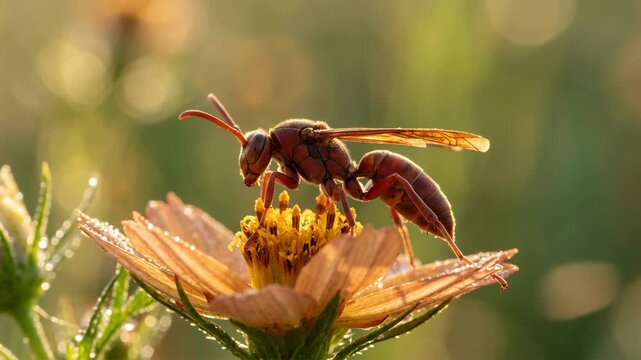 red paper wasp on a flower close up in morning light at great smoky mountains national park video