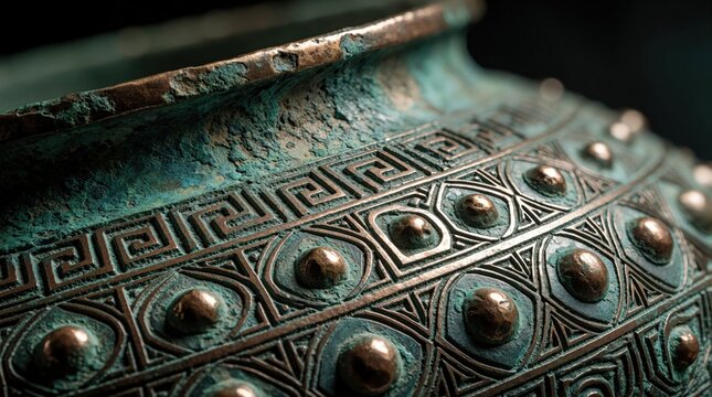 Close up of antique metal bowl with turquoise patina. Ornate decorative vessel features intricate geometric patterns, bronze studs. Old handcrafted copperware shows weathered texture, traditional
