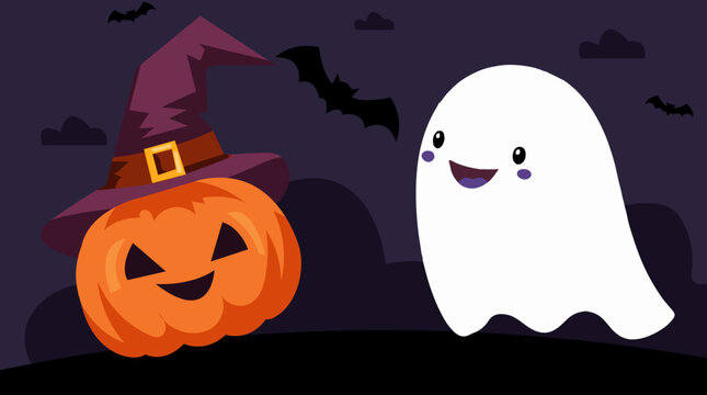 Cute cartoon ghost beside an orange jack o lantern wearing a witch hat with halloween character celebration illustration