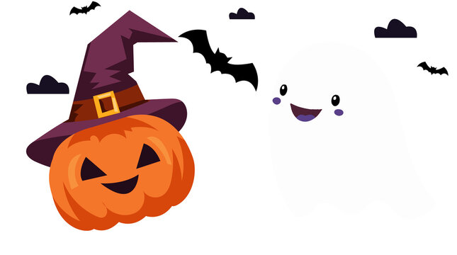 Cute cartoon ghost beside an orange jack o lantern wearing a witch hat with halloween character celebration illustration