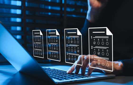 Online assessment and digital exam concept. Person using laptop, multiple choice test forms, e-learning, academic quiz, skill evaluation, knowledge testing, recruitment screening, education technology