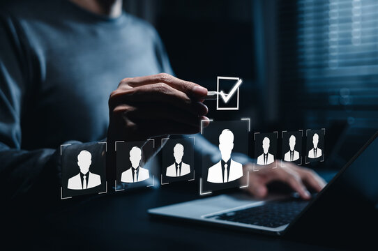 Human resource selection concept. HR professional to choose best talent profile with icon of chosen candidate, recruitment, employee hiring, job interview, business talent acquisition strategy
