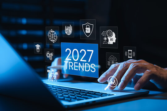 2027 technology trends and future business innovation concept. Search trends, cybersecurity, cloud computing, AI automation, digital education, analytics, connectivity, emerging technology strategy
