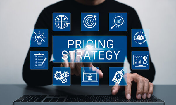 Pricing strategy and marketing optimization concept. Person typing on keyboard with target goal, shopping basket, discount sale tag, market, customer group, business profit growth, economic valuation