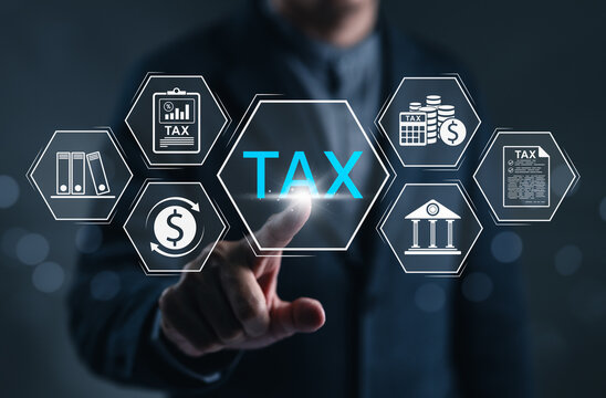 Tax compliance and financial management concept. Businessman using tax interface with tax reporting, payment calculation, accounting records, regulatory obligations, business finance, fiscal planning