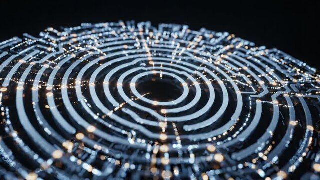 Complex circular electronic maze structure glowing with bright neon blue and yellow lights in darkness