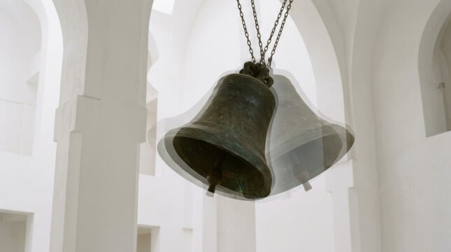 Antique Bronze Church Bells Ringing in a White Bell Tower.