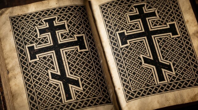 Ancient Greek Orthodox cross printed on old vintage paper pages of antique religious book. Intricate black celtic knotwork pattern decoration fills background. Sacred Christian symbol shows