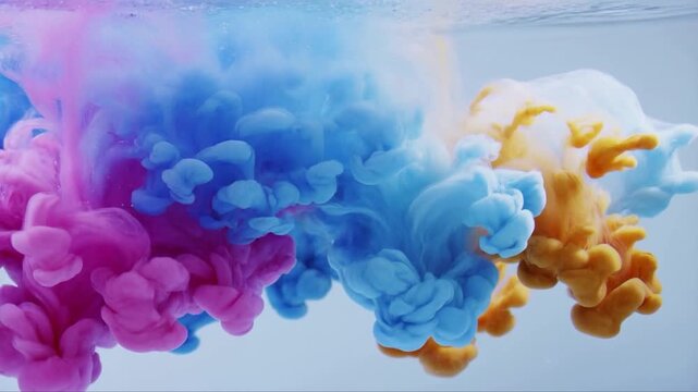 Colorful ink drops dissolving in clear water creating beautiful abstract clouds of blue pink and yellow pigment