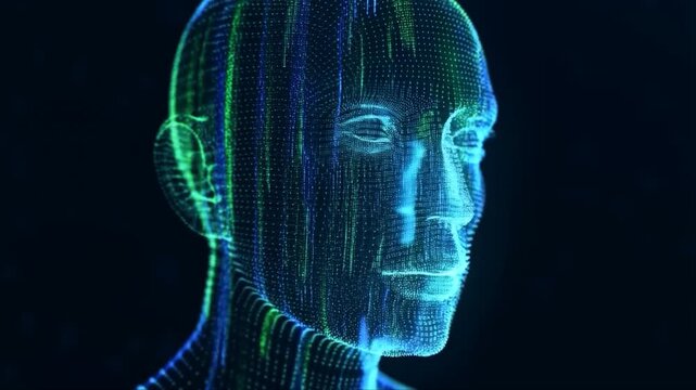 Digital human face turning forward with glowing particles and data streams in futuristic cyberspace technology concept