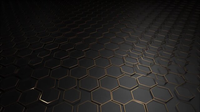 Futuristic hexagonal surface shifting in dark metallic waves with golden edges creating dynamic 3d texture motion