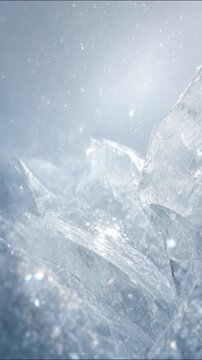 Natural frozen glacier shards sparkling under bright sunrays, with gentle snow falling across frosty winter landscape
