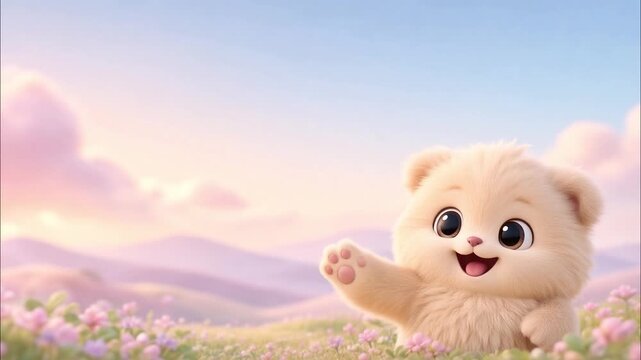 Adorable furry bear cub waving happily while sitting in a flower field against rolling hills and soft clouds