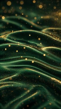 Emerald green silk fabric with shimmering golden dust particles flowing across soft rippling luxury waves