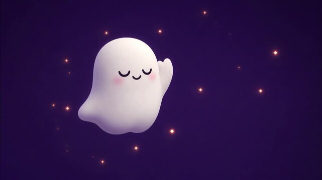 Cute cartoon ghost floating and waving cheerfully amidst glowing particles on a dark purple night sky background