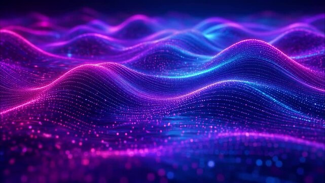 Glowing neon particle waves undulating across a dark futuristic digital landscape with vibrant purple and cyan light reflections