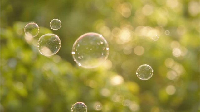 Soap bubbles gently floating outdoors against lush green foliage in natural sunlight, displaying sparkling bokeh