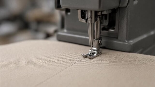 Industrial sewing machine needle mechanism stitching beige fabric precisely in modern garment factory workshop