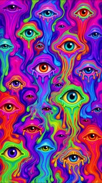 Vibrant psychedelic eyes morphing and dripping in colorful melting slime, creating hypnotic fluid hallucination motion