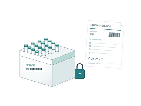 Biobank cryovial storage box with research consent document