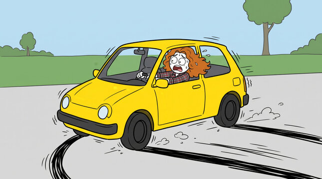 Panicked woman losing control of a skidding yellow car with black tire marks on the road for emergency braking failure or dangerous driver insurance conceptual digital illustration