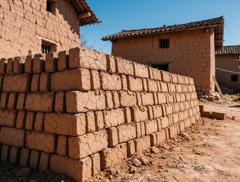 Stack of handmade mud bricks drying at rural construction site. Traditional clay blocks used for sustainable building in village. Eco friendly organic materials for rustic earth house architecture in