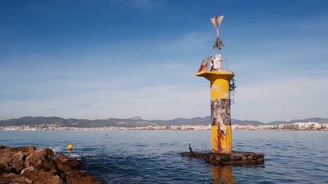 An old lighthouse at sea, set against the coastline. Majorca, Arenal, Spain.