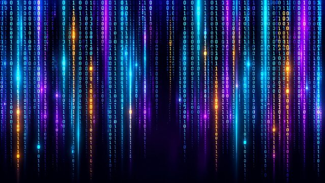 Falling binary code streams in glowing blue, purple and orange on dark background, digital abstract