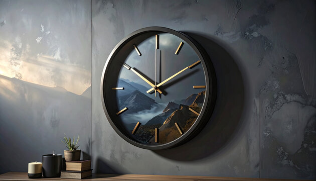Round wall clock with mountain landscape dial