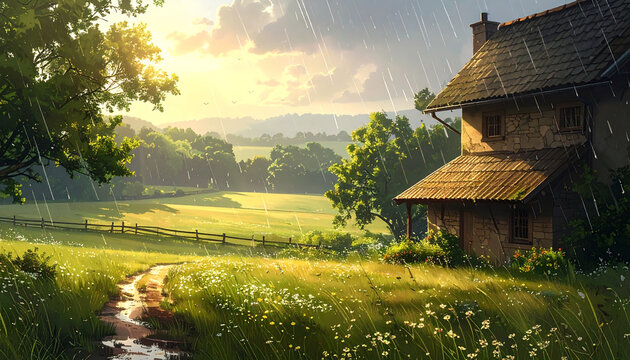 Rural house in the rain with sunlight and green fields