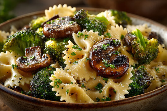 Farfalle pasta with roasted broccoli and mushrooms in bowl