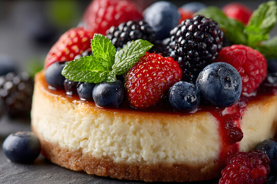Piece of delicious cheesecake with fresh berries and mint served on white wooden table, closeup
