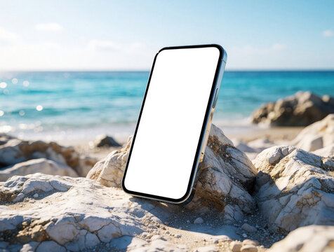 Modern smartphone with blank white screen rests on rocks at tropical beach. Mobile device mockup on sandy shore with turquoise ocean water, sunny sky. Summer vacation background for app design,
