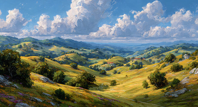 Stylized landscape with rolling hills, colorful foliage, and trees under a cloudy sky, evoking a sense of nature and tranquility
