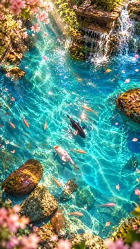Generative AI image of a small pond with 2 fishes playing