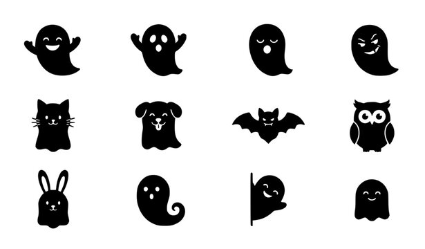 Funny Halloween Ghost and Animal Spirit Icon Set in Black Silhouette Style