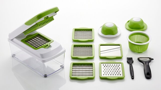 Manual vegetable slicer with interchangeable blades, components arranged alongside, white background
