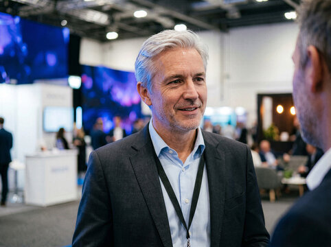 Senior businessman nodding during professional networking conversation at technology exhibition hall.