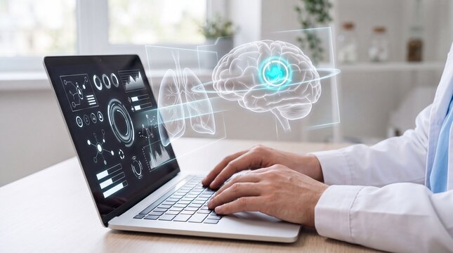Futuristic medical technology interface with brain hologram on laptop screen