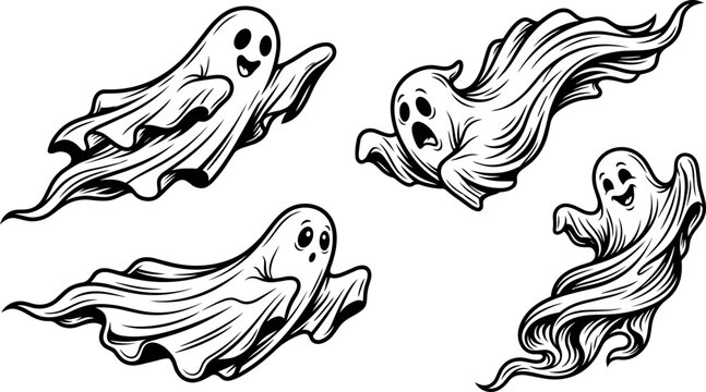 Retro cartoon flying sheet ghosts set with expressive faces and flowing cloth drapery isolated on white background
